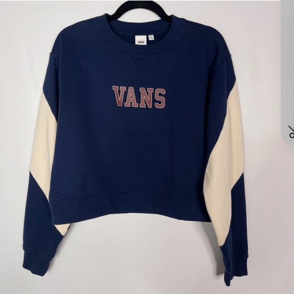 Vans Womens XL Navy Blue Cream Academy Crop Crew Neck Sweatshirt Cotton Contrast - Picture 3 of 3